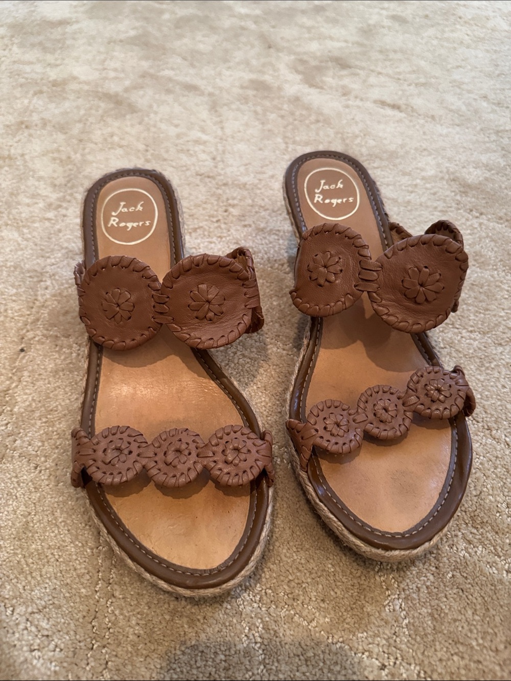 Jack Rogers Brown Leather Double Medallion Slide Sandals